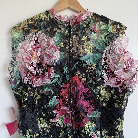 PAPER DOLLS London High Neck Black Pink Floral Crochet Lace Pencil Midi Dress 16 - Picture 8 of 15